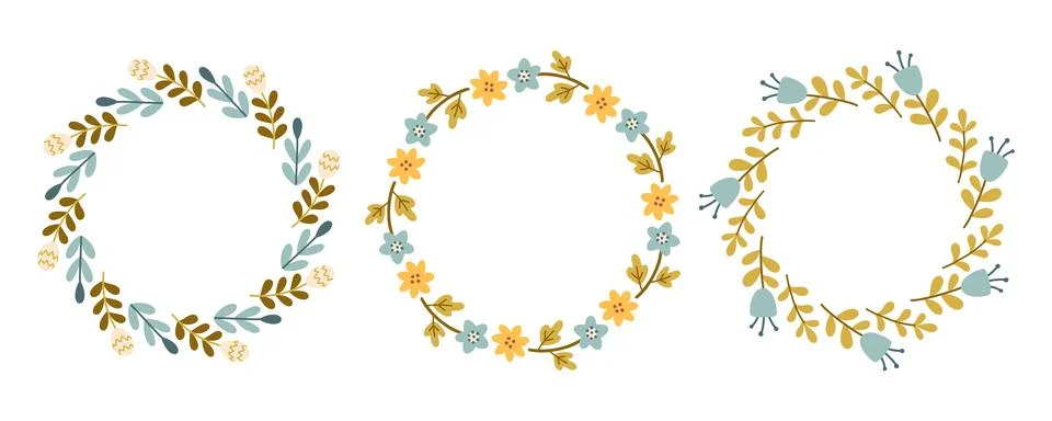 Spring flower circle frame set. Floral circle frame. Hand drawn botanical round Stock Illustration