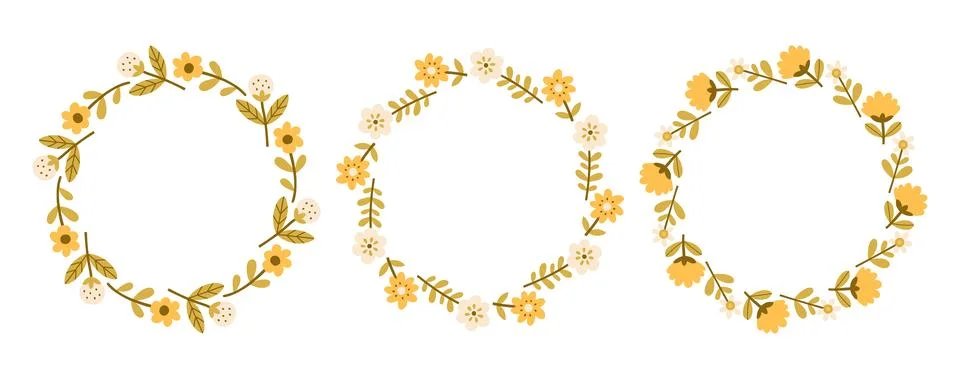 Spring flower circle frame set. Floral circle frame. Hand drawn botanical round Stock Illustration