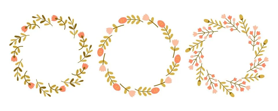 Spring flower circle frame set. Floral circle frame. Hand drawn botanical round Stock Illustration