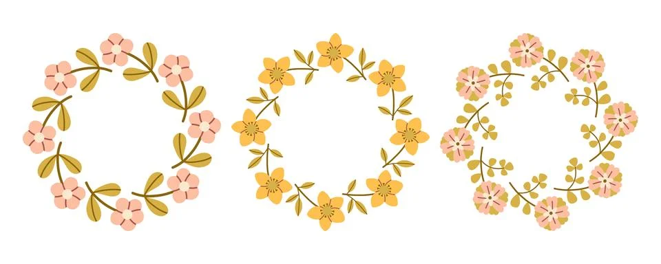 Spring flower circle frame set. Floral circle frame. Hand drawn botanical round Stock Illustration