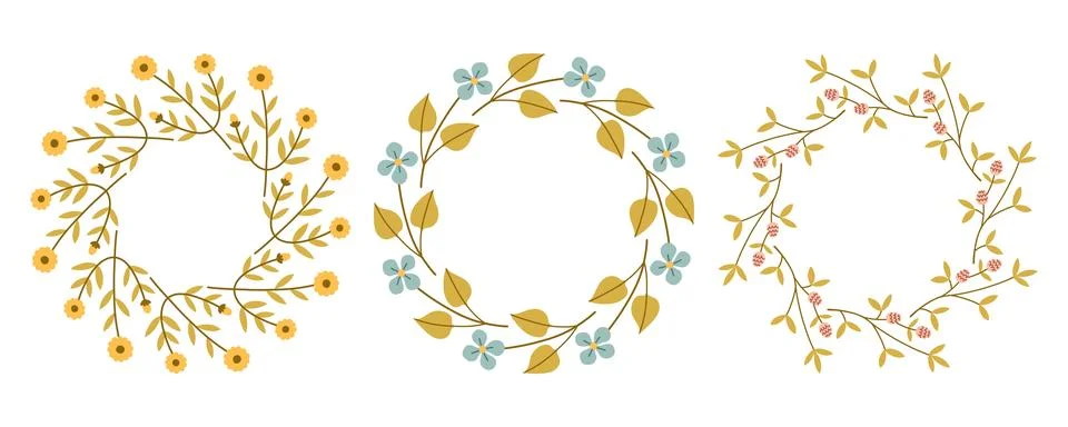 Spring flower circle frame set. Floral circle frame. Hand drawn botanical round Stock Illustration