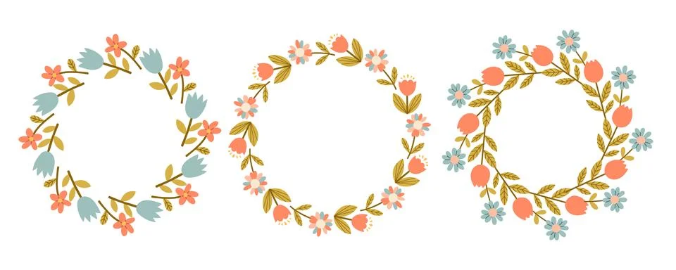Spring flower circle frame set. Floral circle frame. Hand drawn botanical round Stock Illustration