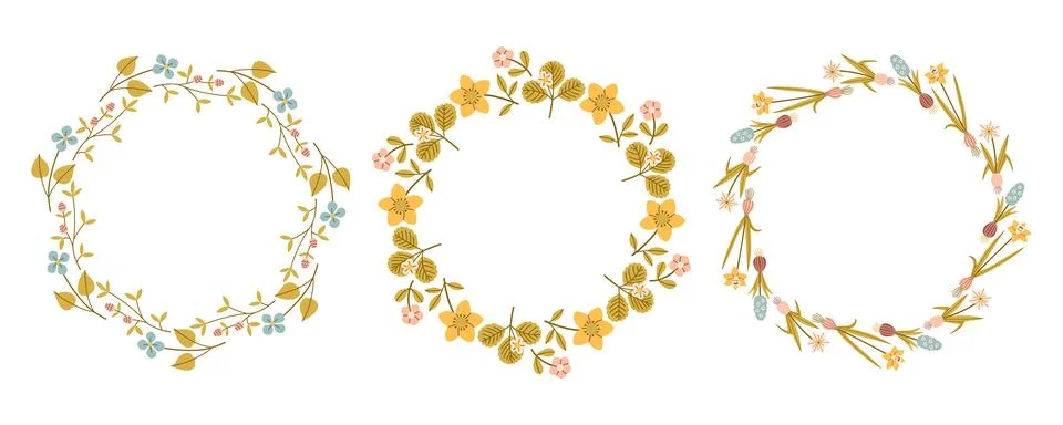 Spring flower circle frame set. Floral circle frame. Hand drawn botanical round Illustrazione stock