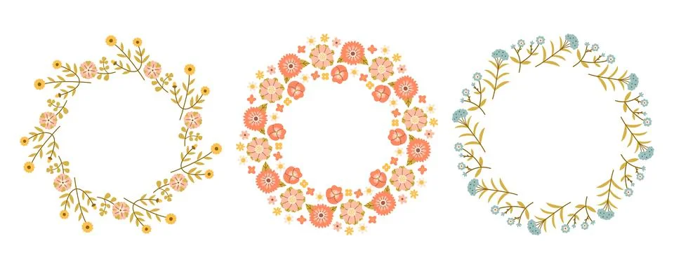 Spring flower circle frame set. Floral circle frame. Hand drawn botanical round Stock Illustration