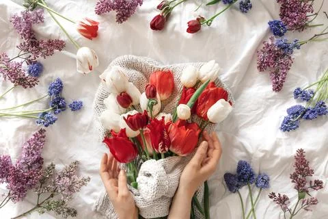 Spring flower composition on a white background, top view. Foto stock