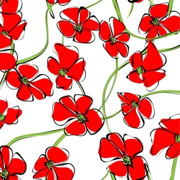 Spring flower field pattern background. Red flowers of blooming wild poppy wi Stock Illustration
