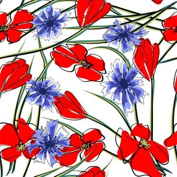 Spring flower field seamless pattern background. Red flowers of blooming wild Stock Illustration