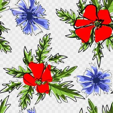 Spring flower field seamless pattern background. Red flowers of blooming wild Stock Illustration
