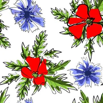 Spring flower field seamless pattern background. Red flowers of blooming wild Stock Illustration