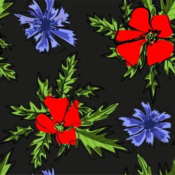 Spring flower field seamless pattern background. Red flowers of blooming wild Stock Illustration