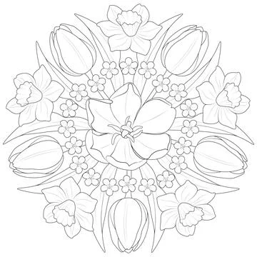 Spring flower mandala in black and white. Round pattern for coloring Stock Illustration