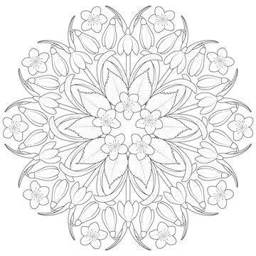 Spring flower mandala in black and white. Round pattern for coloring Stock Illustration