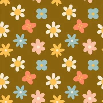 Spring flower pattern on dark green background. Flower flat pattern. Flower イラスト素材