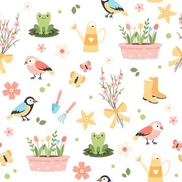 Spring flower pattern - tulips, birds and butterflies, gardening tools. Vector Illustration