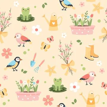 Spring flower pattern - tulips, birds and butterflies, gardening tools. Vector Stock Illustration