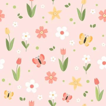 Spring flower pattern - tulips, cherry blossom and butterflies, vector Stock Illustration