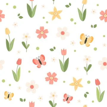 Spring flower pattern - tulips, cherry blossom and butterflies, vector Stock Illustration