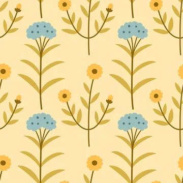 Spring flower pattern on yellow background. Flower flat pattern. Flower 스톡 일러스트