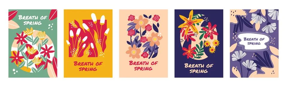 Spring flower posters. Different hand drawn flowers. Summer background, doodl Stock Illustration