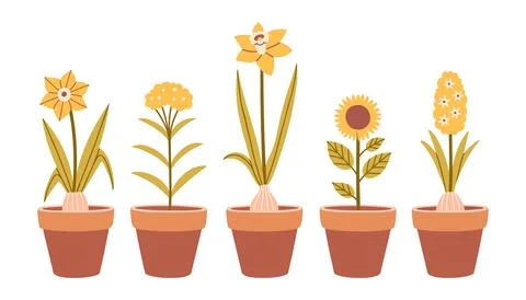 Spring flower in a pot set. Isolated cute spring flowers in flat style. Kids Stock Illustration
