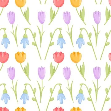 Spring flower seamless pattern in cartoon style. Background design with tulips Stock Illustration