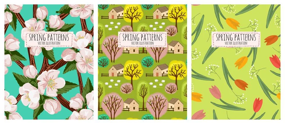 Spring flower seamless pattern. Vector set of floral background patterns. Cherry Stock Illustration