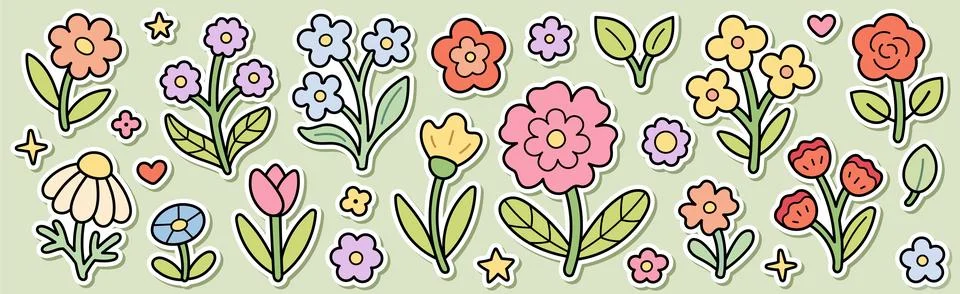 Spring flower sticker set. Rose, tulip, daisy, chamomile, poppy, echinacea and Stock Illustration