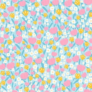 Spring floweral seamless pattern on blue background for surface design or wra Stock Illustration