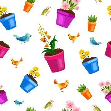 Spring flowerpot seamless floral pattern with green home plants, little birds Stock Illustration
