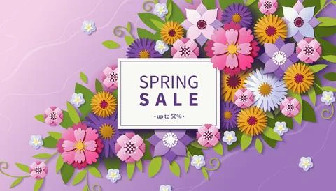 Spring flowers, 3d paper background. Fashion nature papercut, fresh summer Stock Illustration