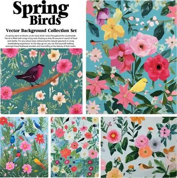 Spring flowers and birds vector illustration set. Floral background for you.. Stock Illustration