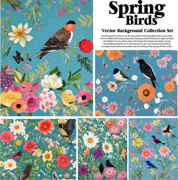 Spring flowers and birds vector illustration set. Floral background for you.. Stock Illustration