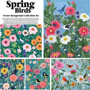 Spring flowers and birds vector illustration set. Floral background for you.. Stock Illustration