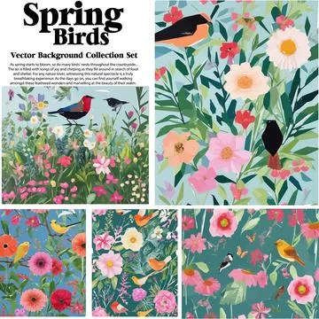Spring flowers and birds vector illustration set. Floral background for you.. Stock Illustration