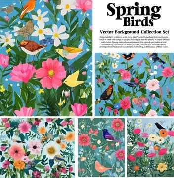 Spring flowers and birds vector illustration set. Floral background for you.. Stock Illustration