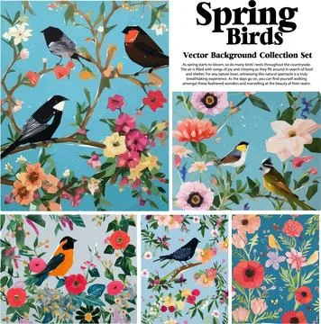 Spring flowers and birds vector illustration set. Floral background for you.. Stock Illustration