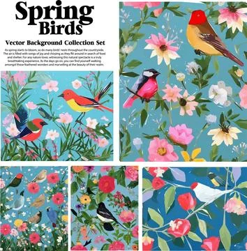 Spring flowers and birds vector illustration set. Floral background for you.. Stock Illustration