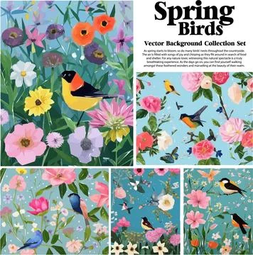 Spring flowers and birds vector illustration set. Floral background for you.. Stock Illustration