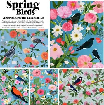 Spring flowers and birds vector illustration set. Floral background for you.. Stock Illustration