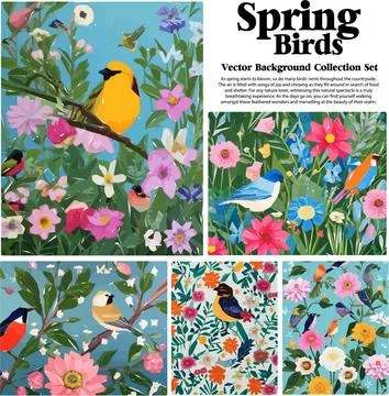 Spring flowers and birds vector illustration set. Floral background for you.. Stock Illustration