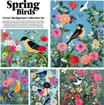 Spring flowers and birds vector illustration set. Floral background for you.. Stock Illustration