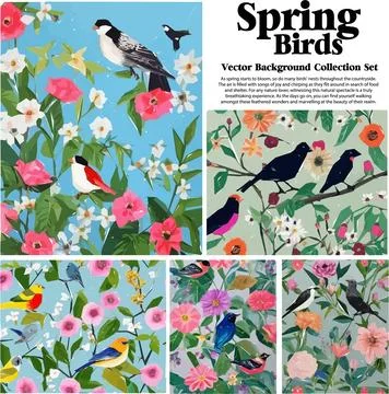 Spring flowers and birds vector illustration set. Floral background for you.. Stock Illustration