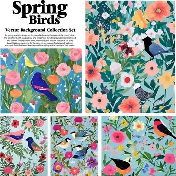 Spring flowers and birds vector illustration set. Floral background for you.. Stock Illustration