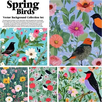Spring flowers and birds vector illustration set. Floral background for you.. Stock Illustration