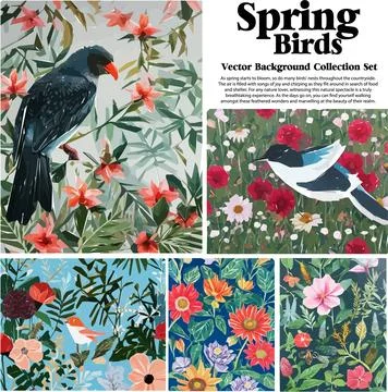 Spring flowers and birds vector illustration set. Floral background for you.. Stock Illustration