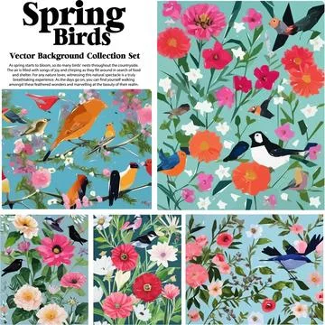 Spring flowers and birds vector illustration set. Floral background for you.. Stock Illustration