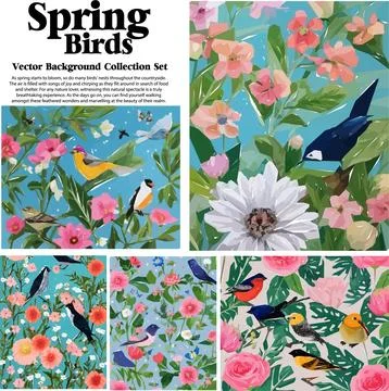 Spring flowers and birds vector illustration set. Floral background for you.. Stock Illustration