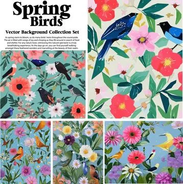 Spring flowers and birds vector illustration set. Floral background for you.. Stock Illustration
