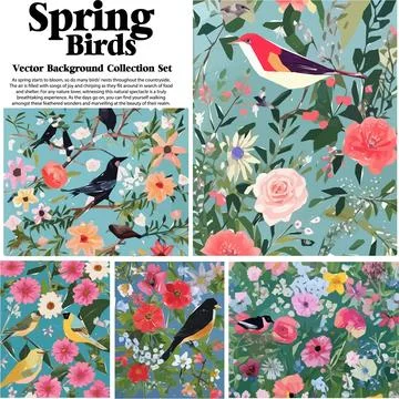 Spring flowers and birds vector illustration set. Floral background for you.. Stock Illustration