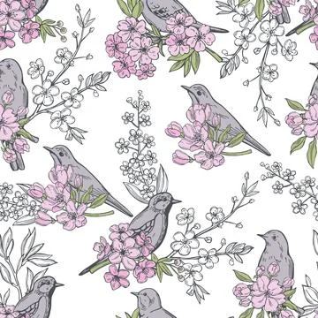 Spring flowers and birds. Vector  pattern Illustrazione stock
